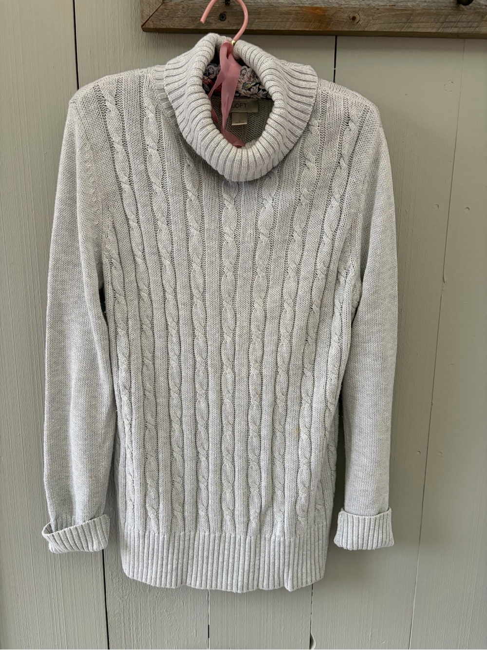 LOFT Light Beige Cable-Knit Turtleneck Sweater